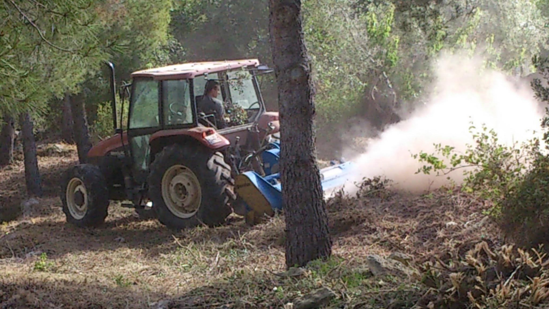 Tractor triturando restos vegetales en la franja cortafuegos