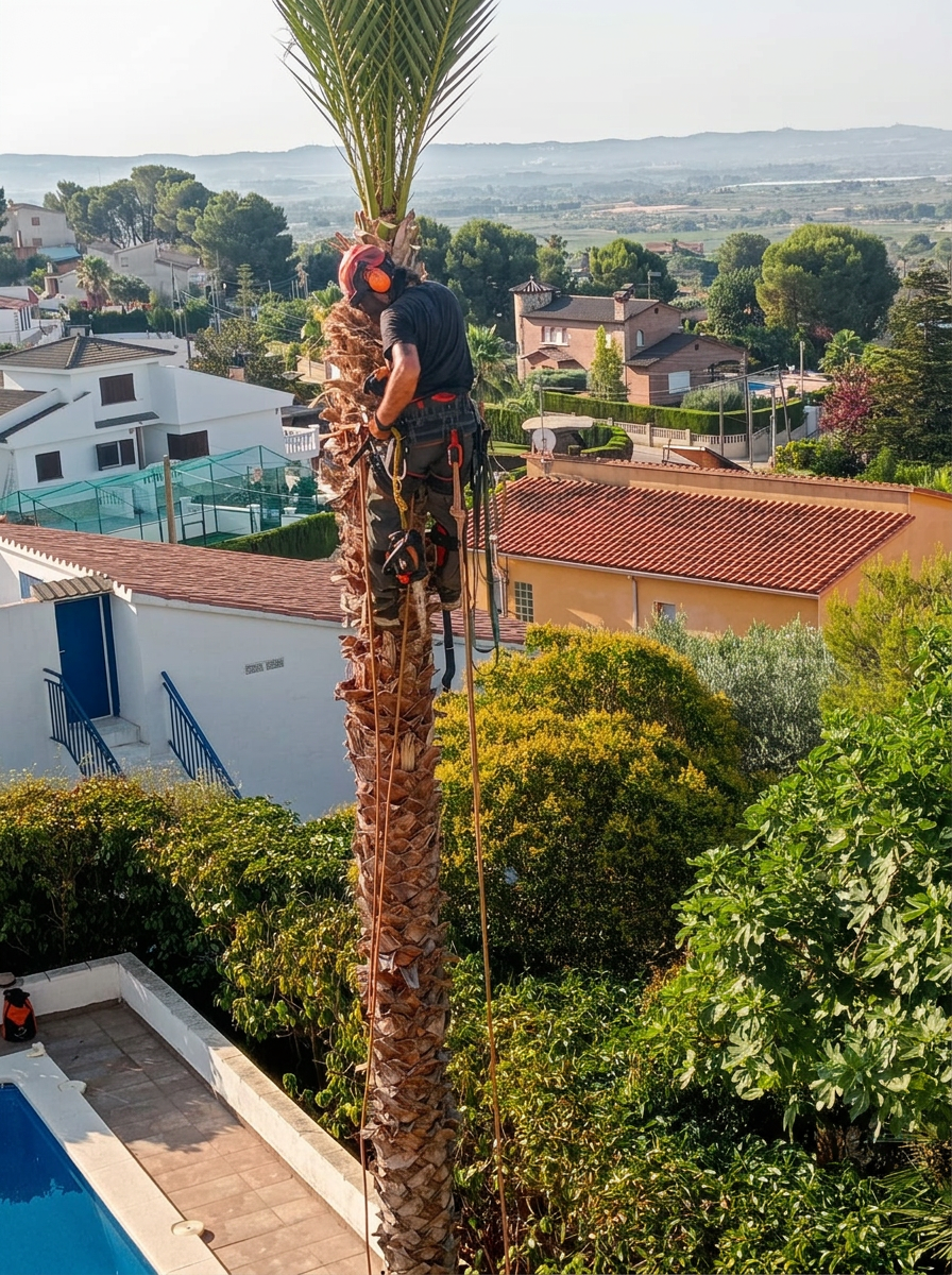 Desmontaje del tronco por secciones desde arriba, sin dañar tejados ni jardín.