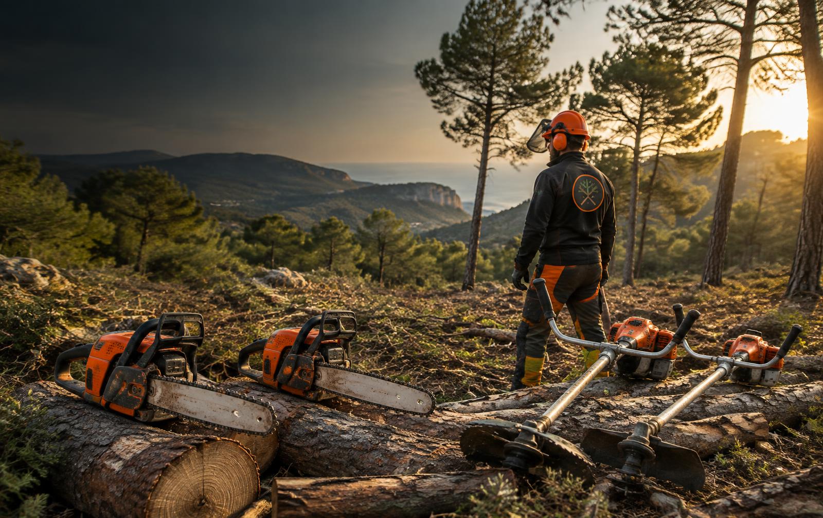 Equip forestal amb motoserres i desbrossadores en una pineda mediterrània